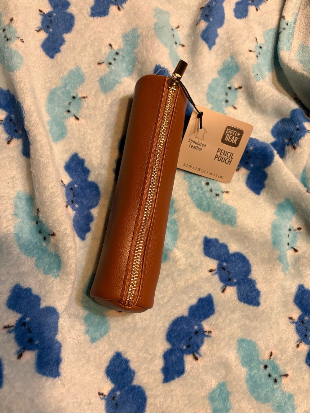Pen+Gear Simulated Leather Pencil Pouch - Brown with Gold Zipper